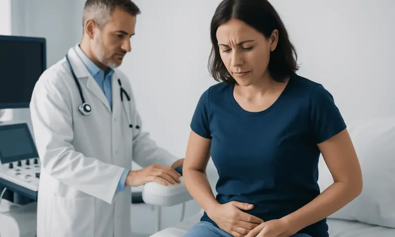 Doctor examining woman with stomach pain in clinic setting.
