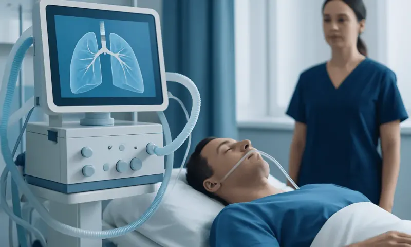 Patient undergoing lung examination with medical monitor in hospital.
