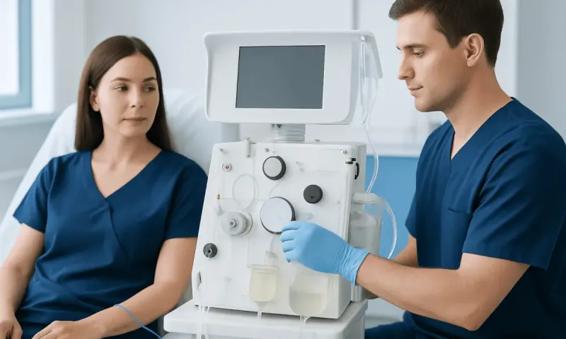 Medical professionals preparing dialysis machine in hospital setting.