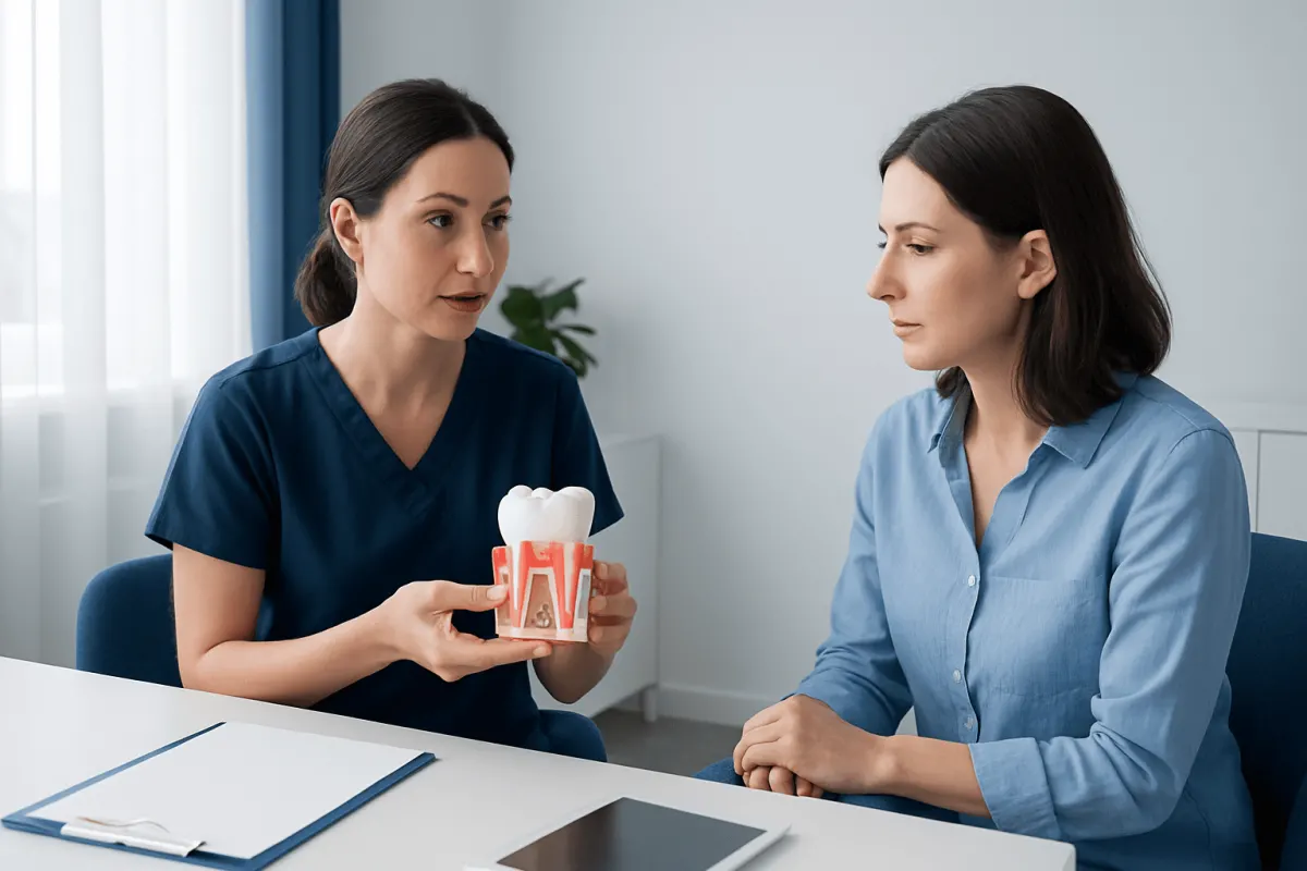 Dentist explaining dental filling to patient with model of tooth and gums.