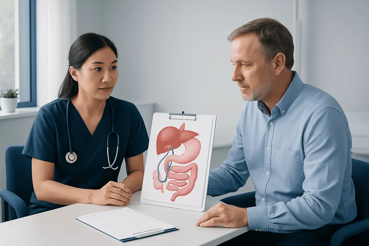 Doctor explaining Ercp procedure to patient with digestive system diagram.