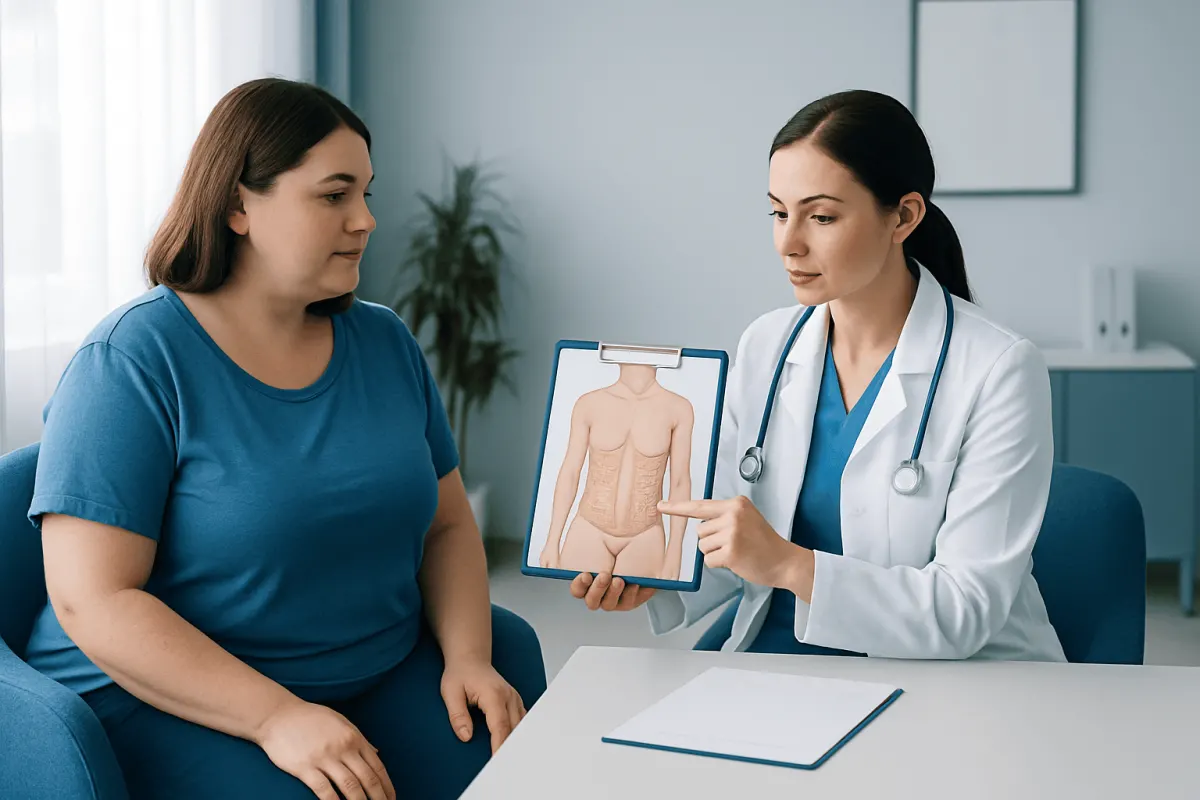 Doctor explaining abdominal anatomy to patient during consultation at Acibadem Hospital.