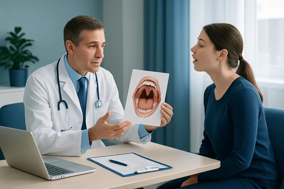 ENT specialist explaining tonsil removal to patient with mouth model.