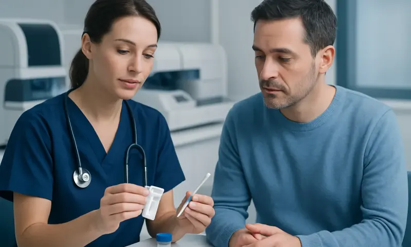 Doctor explaining bowel test kit procedure to patient in clinic setting.