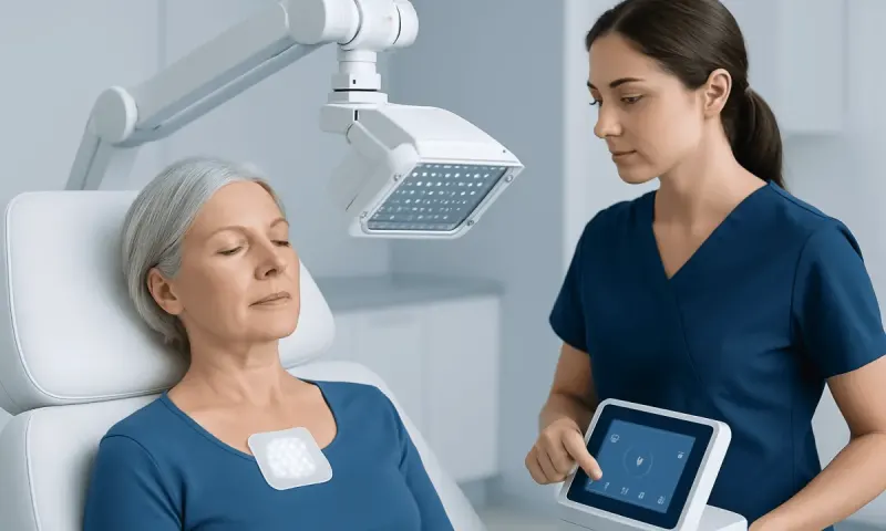 Medical professional applying anti-aging phototherapy to elderly woman.