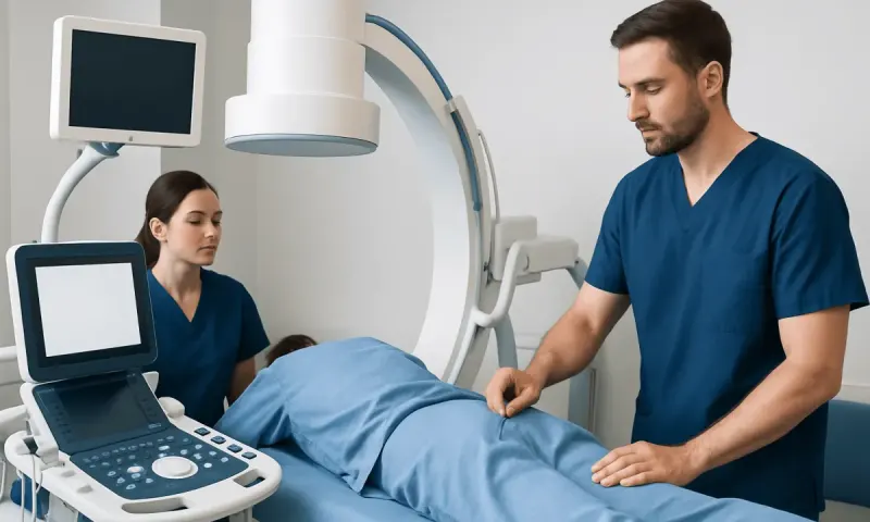 Medical professionals perform a procedure on a patient in a hospital setting.
