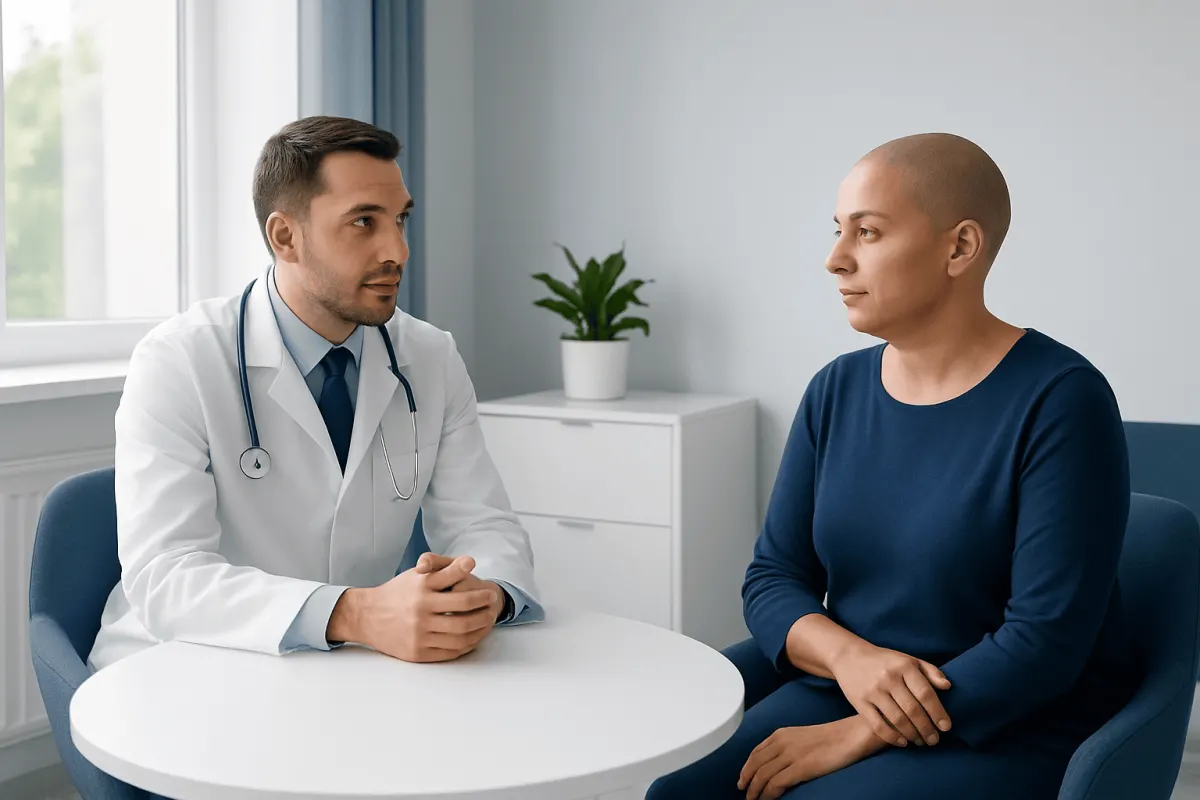 Doctor consulting with a patient in a modern hospital room.
