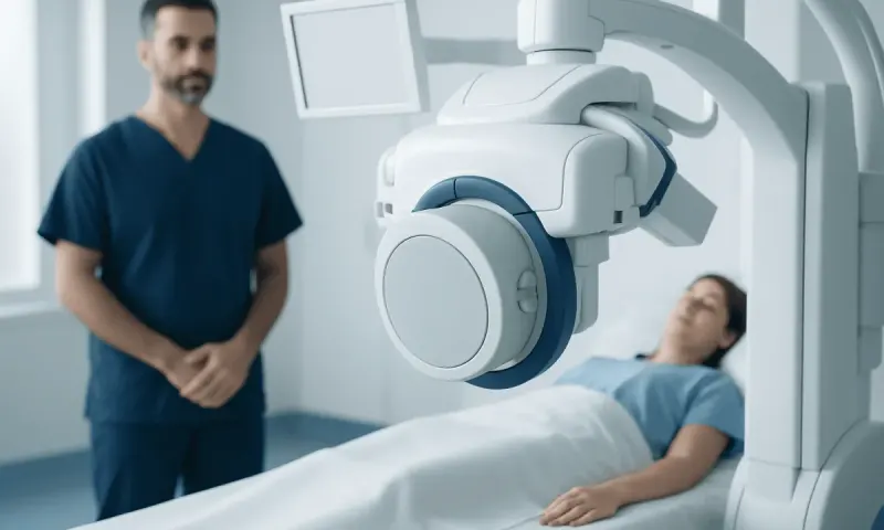 Patient undergoing sentinel lymph node biopsy with advanced medical imaging equipment.
