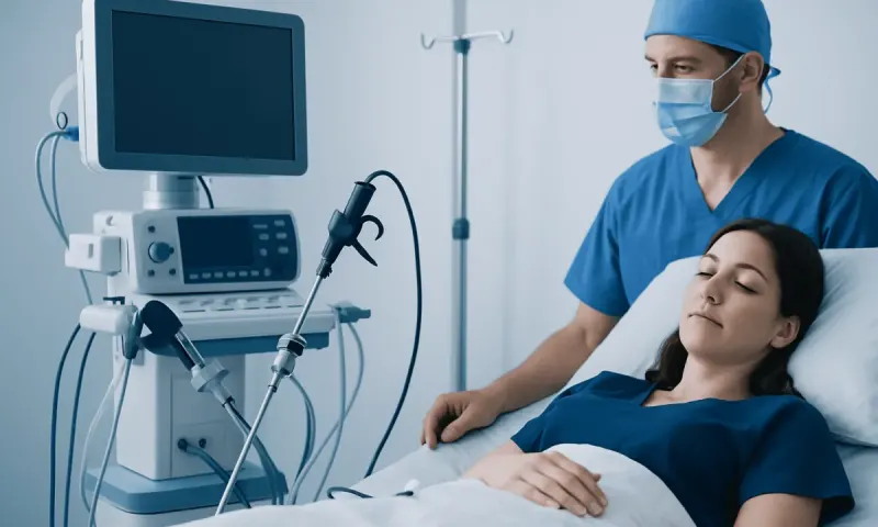 Surgeon and patient in hospital room with medical equipment.