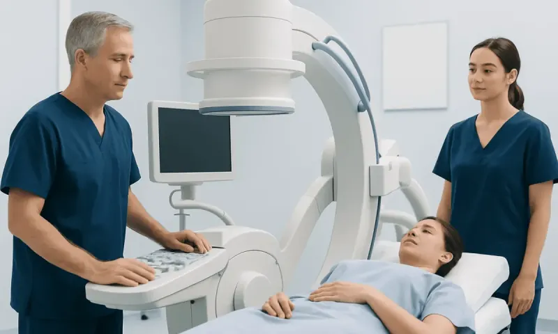 Medical professionals performing a radiology procedure on a patient in a hospital setting.