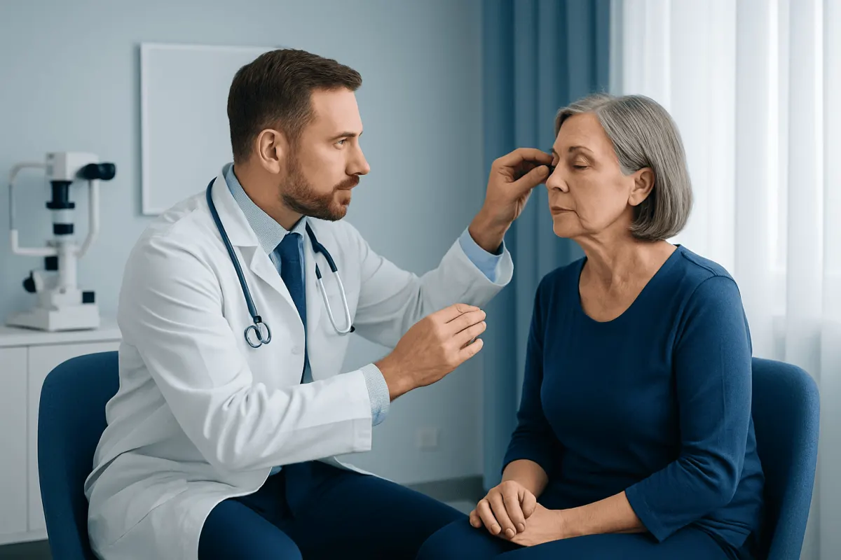 Ophthalmologist examining an elderly woman's eyes in a clinic setting.