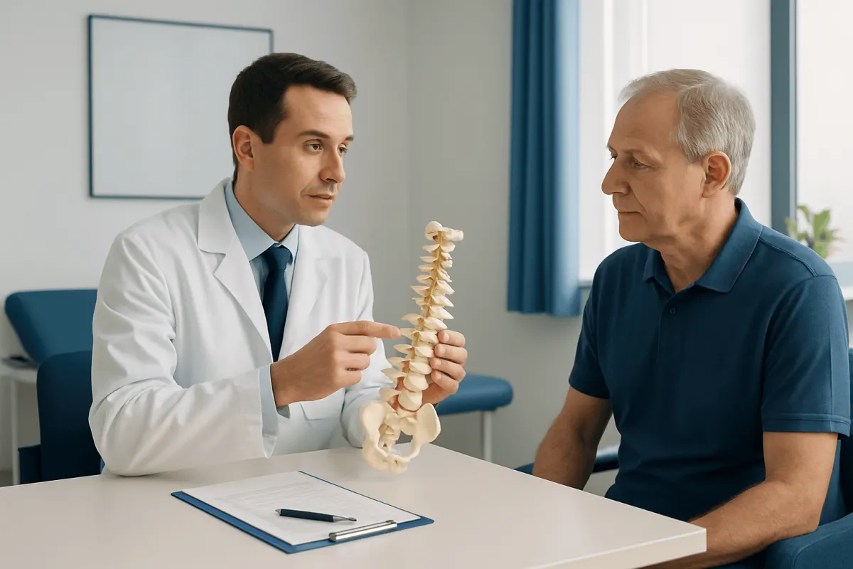 Doctor explaining spinal anatomy to patient in consultation room.