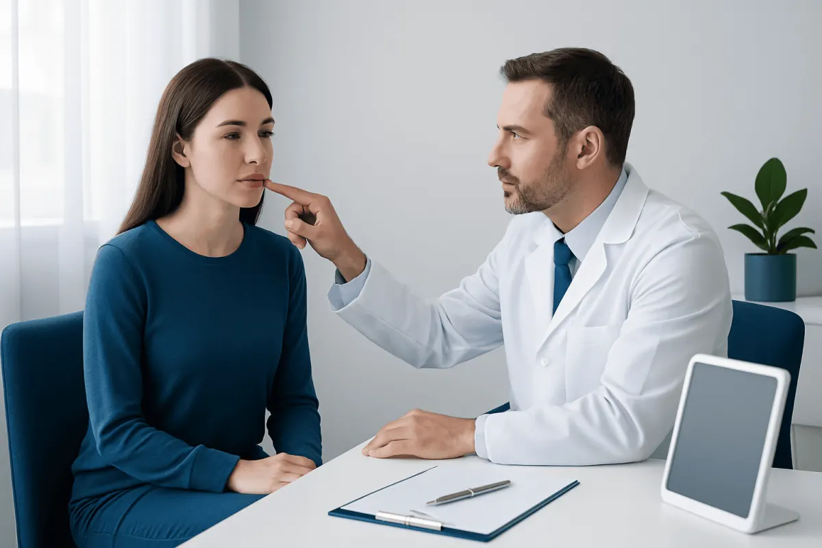 Doctor examining patient's nose during consultation at Acibadem Hospital.