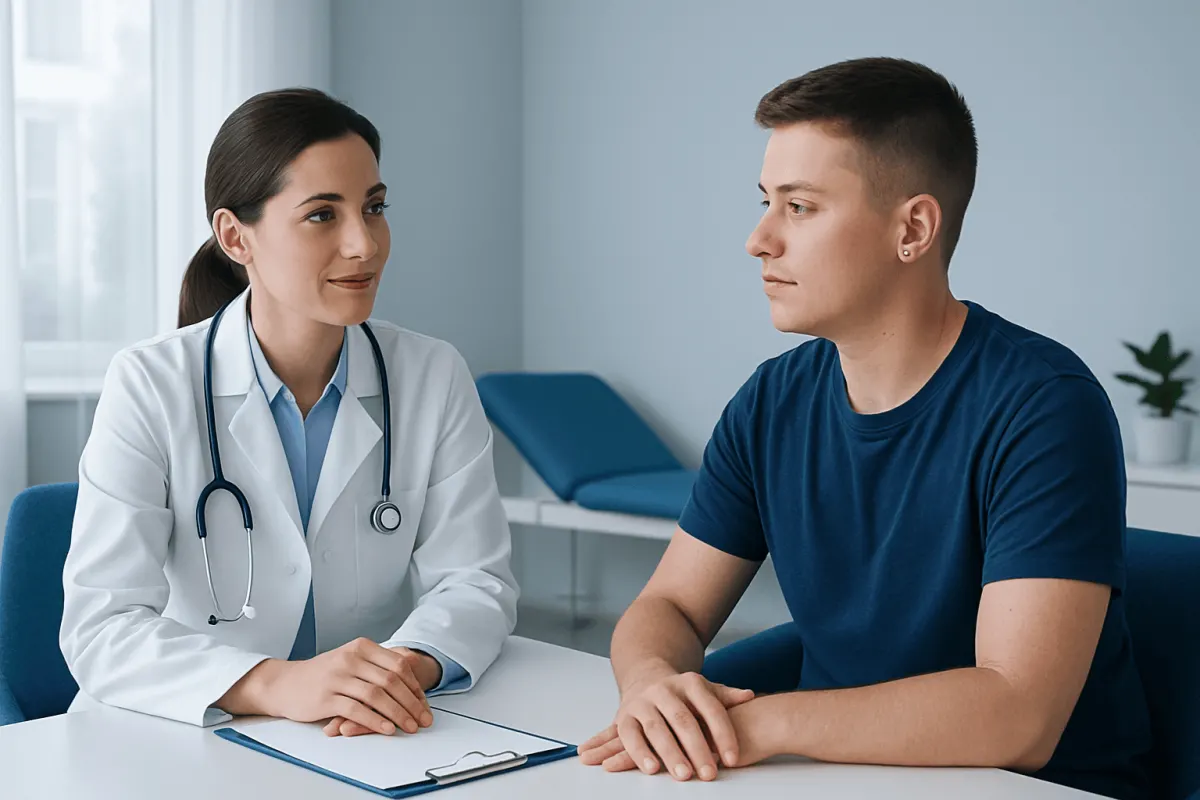 Doctor consulting with a young male patient in a medical office.