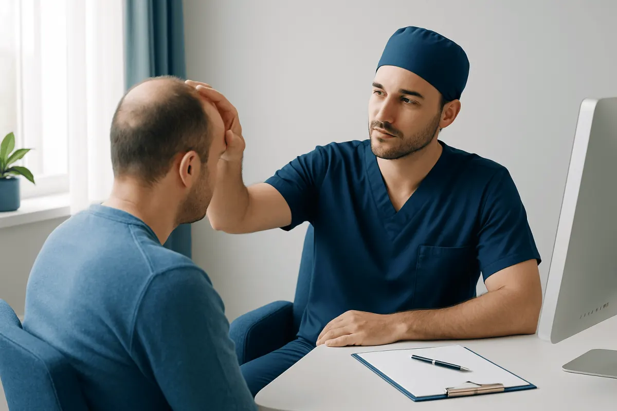 Doctor examining patient's scalp for hair transplant consultation in Turkey.