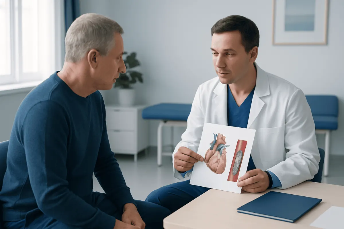 Cardiologist explaining heart diagram to patient in consultation room.