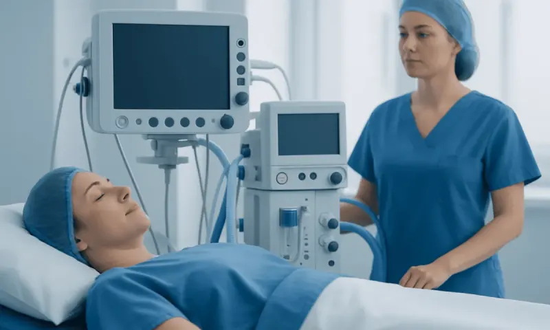 Patient undergoing medical examination in hospital with monitoring equipment.