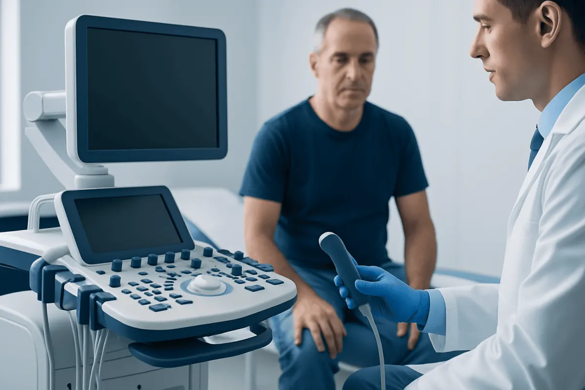 Doctor performing a prostate exam on a patient in a medical clinic.