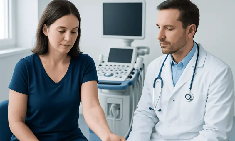 Doctor examining a patient's arm with a rash in a medical clinic.