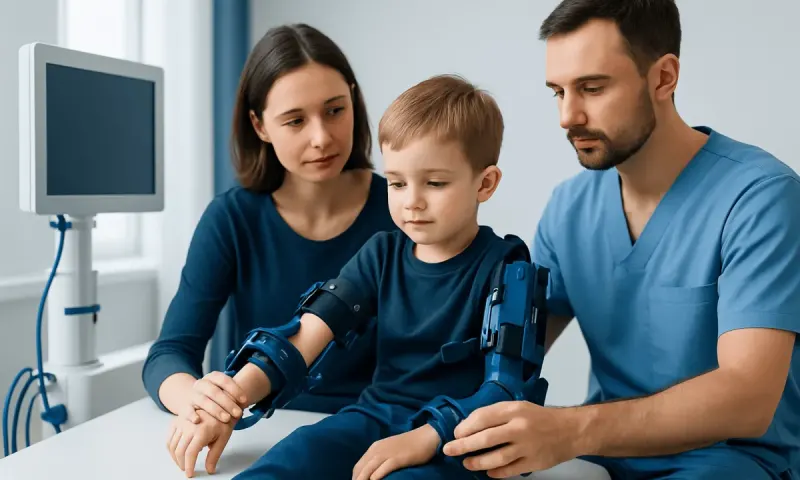 Child undergoing physical therapy for Erb Palsy with medical team.