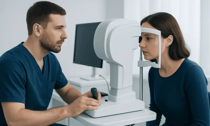 Optometrist performing eye exam with specialized equipment at Acibadem Hospital.