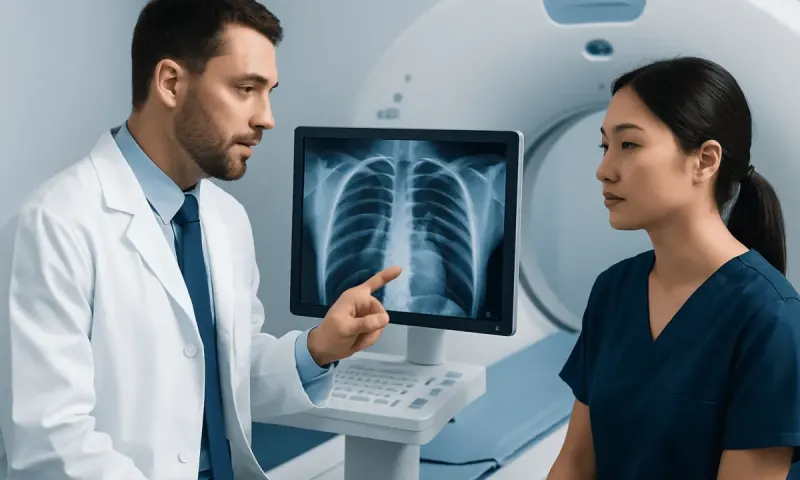 Doctor explaining chest X-ray to a patient in a medical facility.
