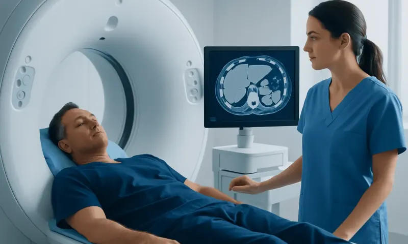 Patient undergoing abdominal CT scan at Acibadem Hospital.