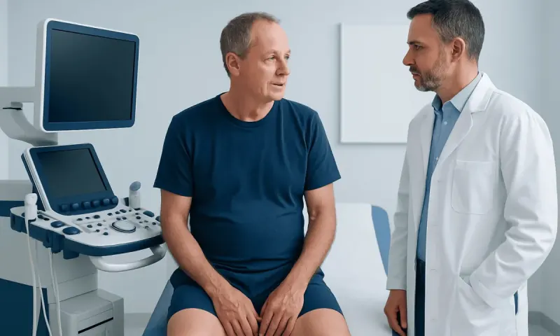 Doctor consulting with male patient in a medical examination room.
