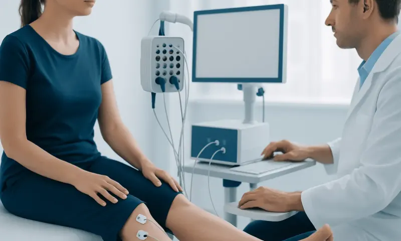 Doctor performs nerve conduction test on patient with tingling legs.