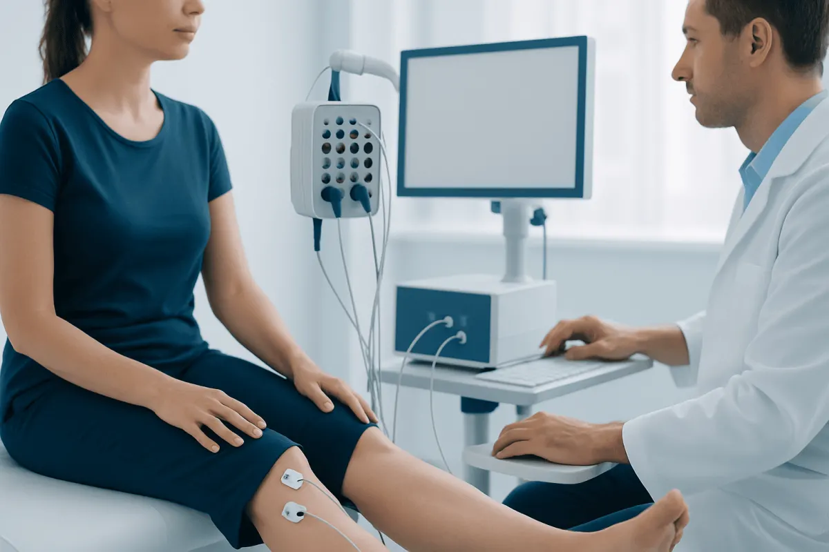 Doctor performs nerve conduction test on patient with tingling legs.