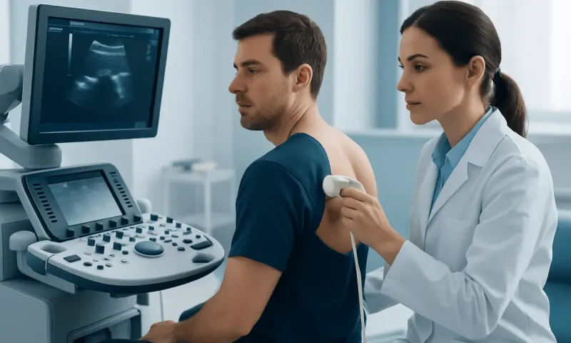 Doctor performing an ultrasound on a male patient for shoulder pain assessment.