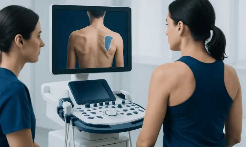 Medical examination of shoulder muscles using ultrasound imaging.