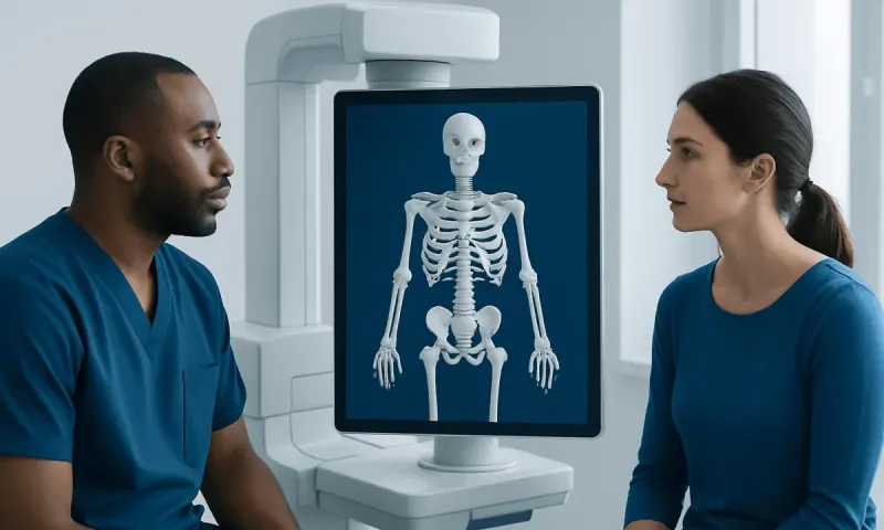 Medical professionals analyzing a 3D skeletal model on a computer screen.