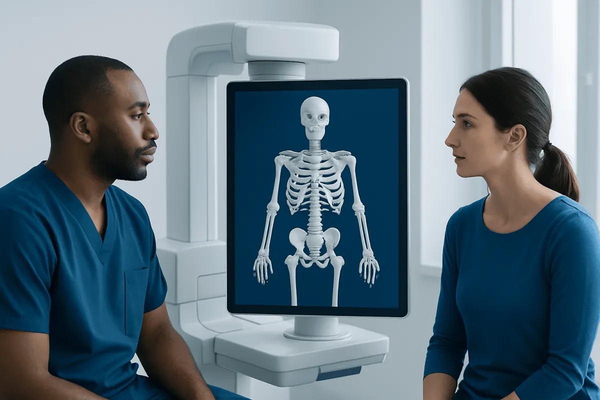 Medical professionals analyzing a 3D skeletal model on a computer screen.