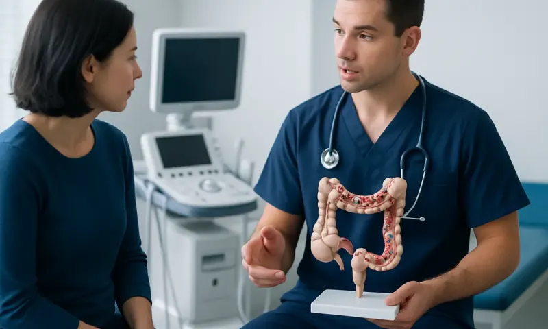 Doctor explaining colon anatomy to a patient in a medical consultation.