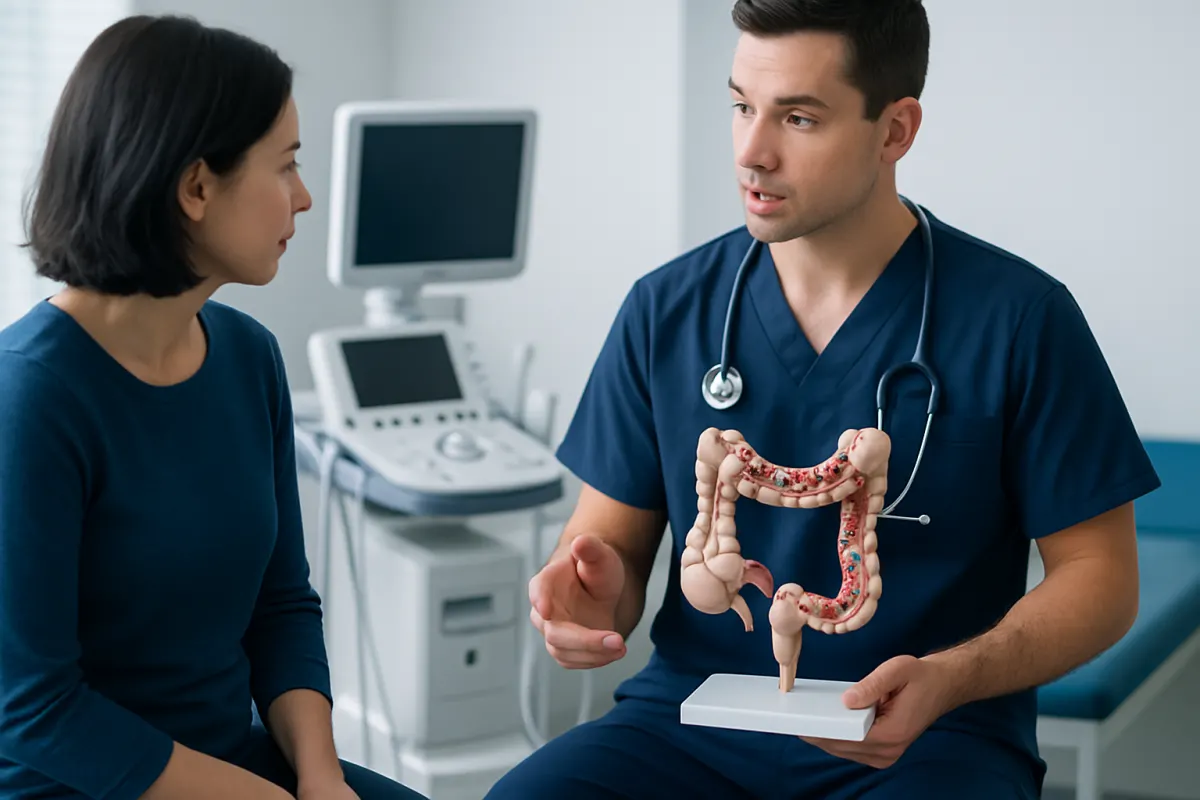 Doctor explaining colon anatomy to a patient in a medical consultation.