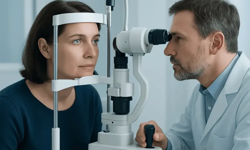 Ophthalmologist examining patient's eye with slit lamp at Acibadem Hospital.