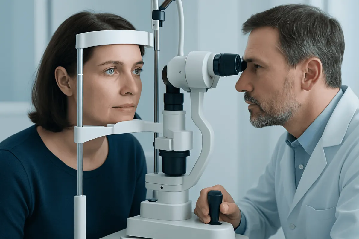 Ophthalmologist examining patient's eye with slit lamp at Acibadem Hospital.
