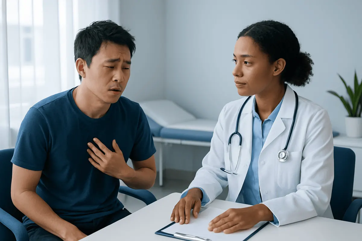 Patient experiencing chest discomfort during medical consultation at hospital.