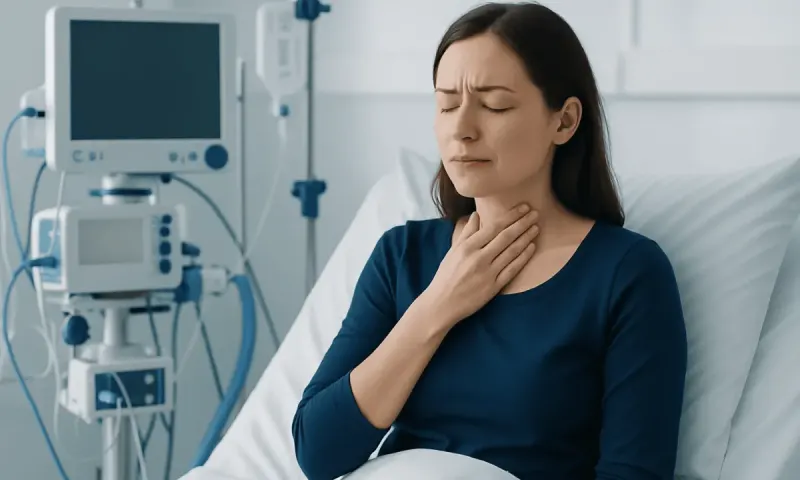 Woman experiencing throat pain in a hospital setting.