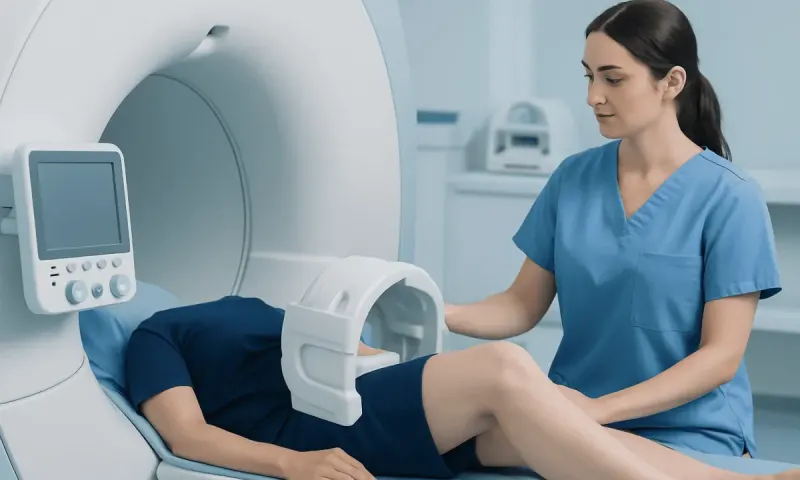 Medical professional preparing patient for knee MRI scan at Acibadem Hospital.