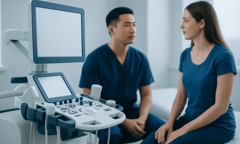 Doctor consulting patient with ultrasound machine in clinic setting.