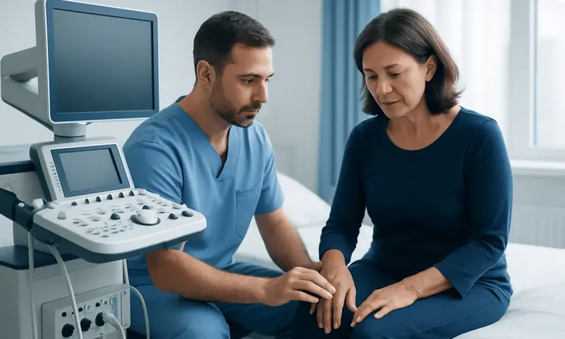 Doctor examining patient's knee in a hospital room with ultrasound equipment.