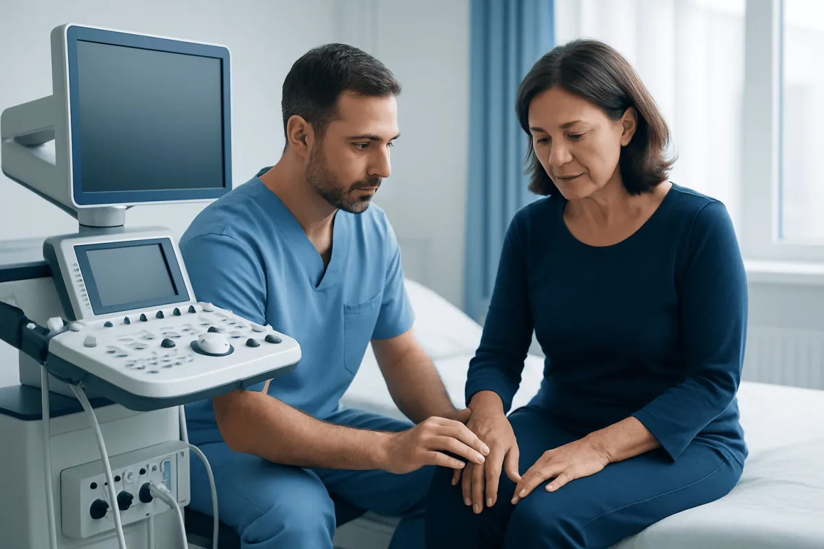 Doctor examining patient's knee in a hospital room with ultrasound equipment.