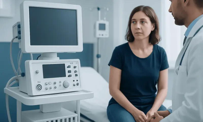 Doctor consulting a young woman in a hospital room with medical equipment.