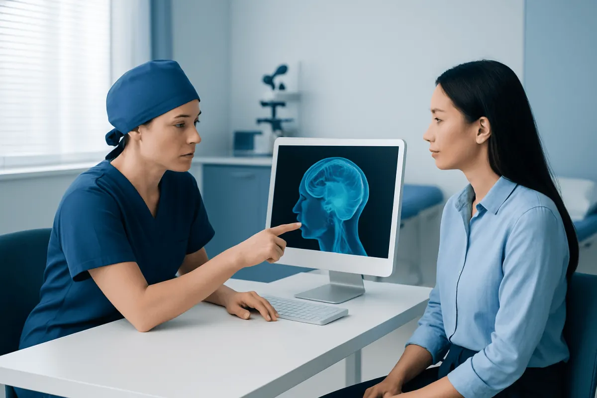 Medical professional explains brain scan to patient in clinic.