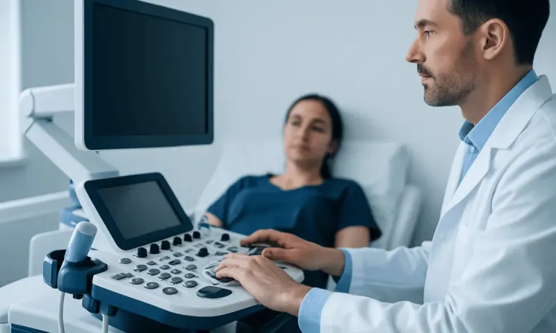 Doctor performing an ultrasound examination on a patient in a hospital room.