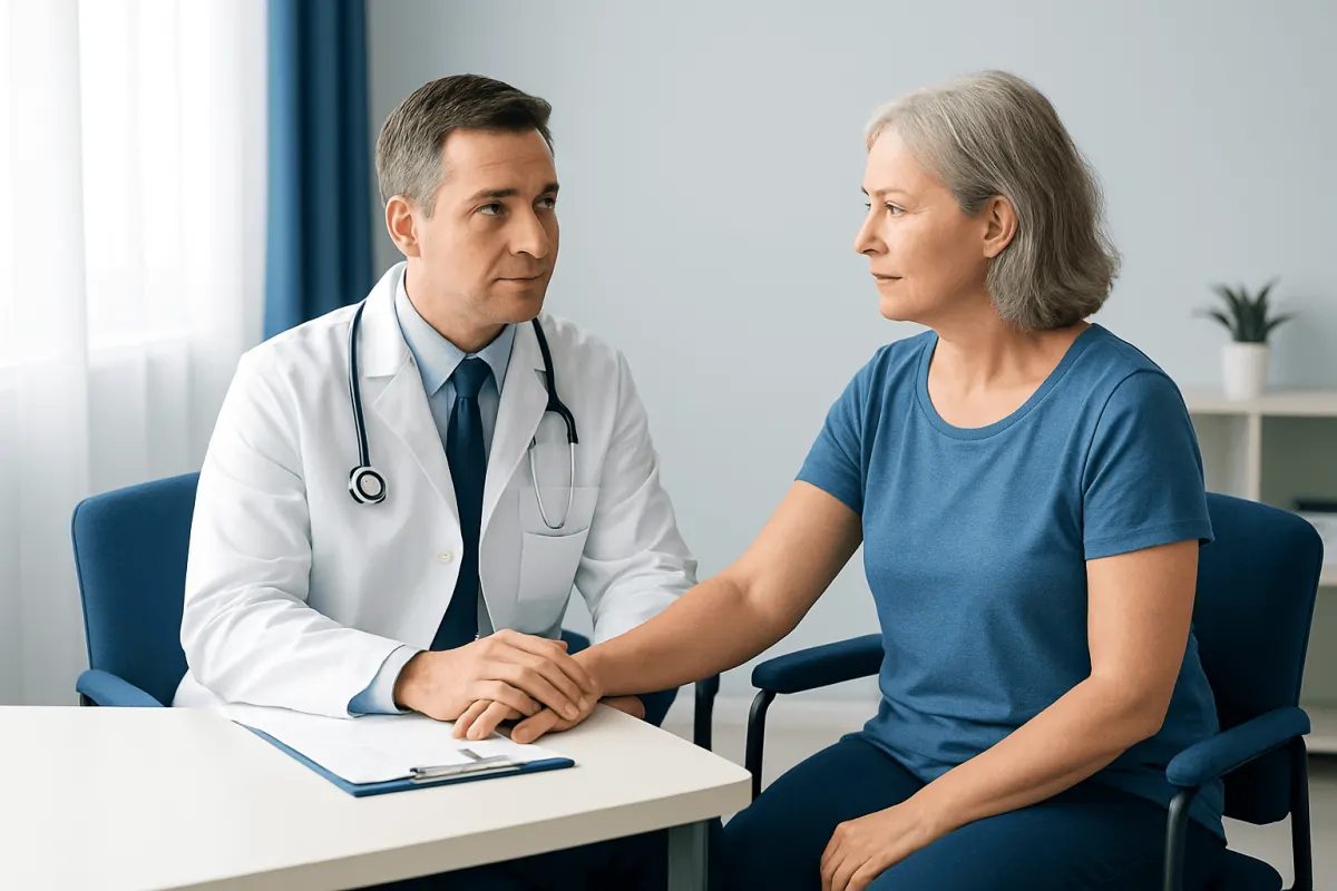 Doctor consulting with an elderly female patient in a medical office.