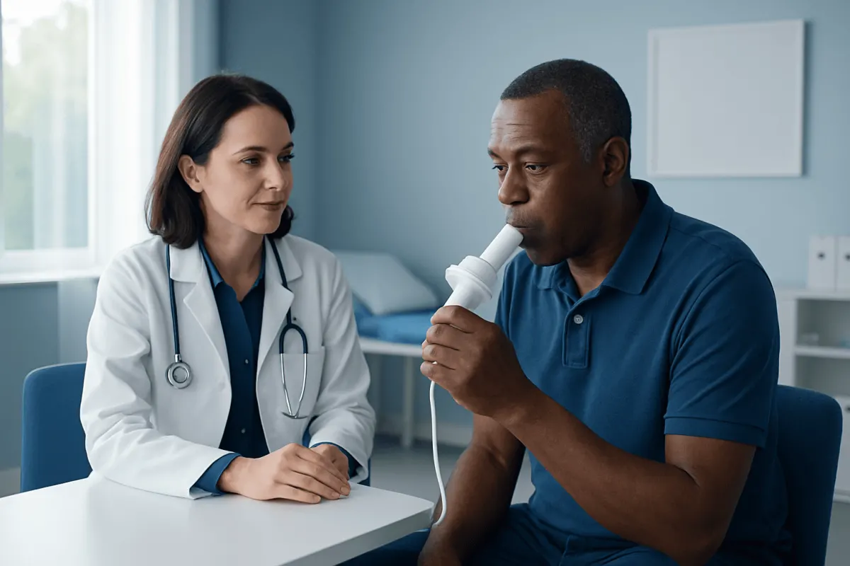 Doctor performing spirometry test on patient in medical consultation room.