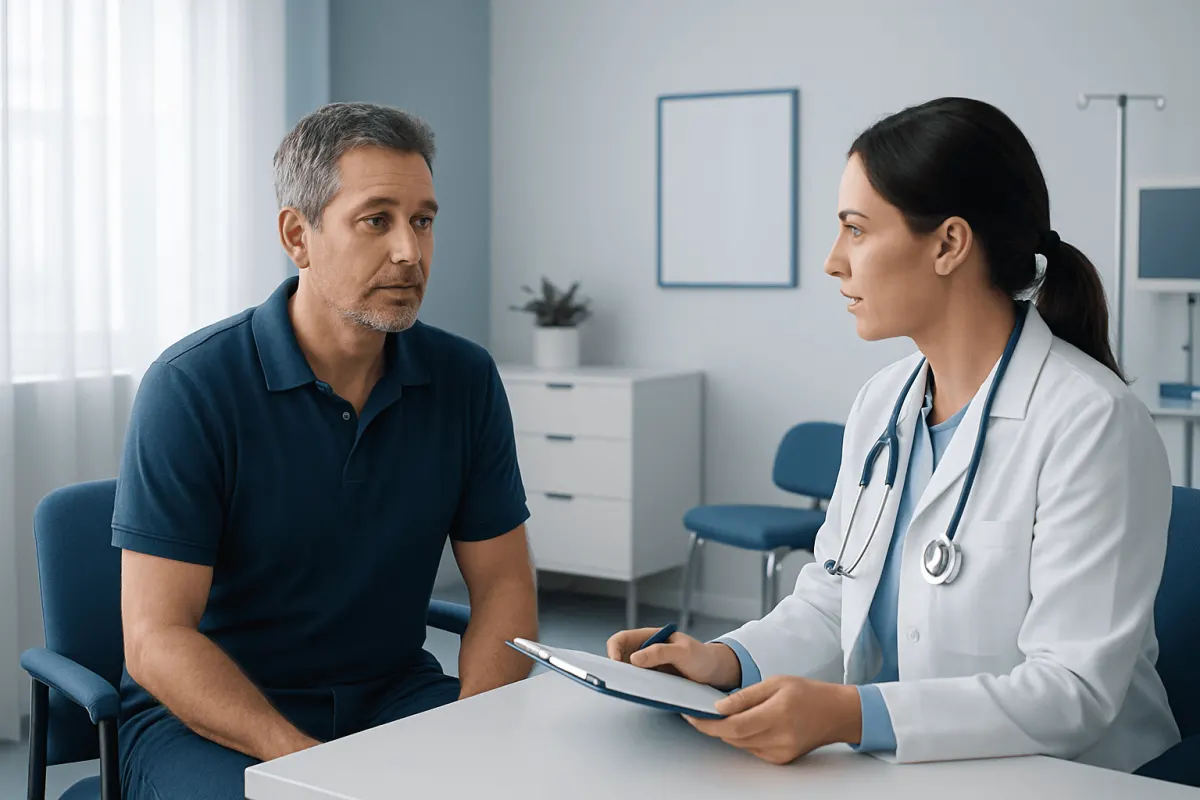 Doctor consulting with a male patient in a medical office setting.